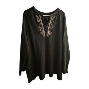 Woman Within Women's s  Black Thermal Embroidered Beaded  Top 3x